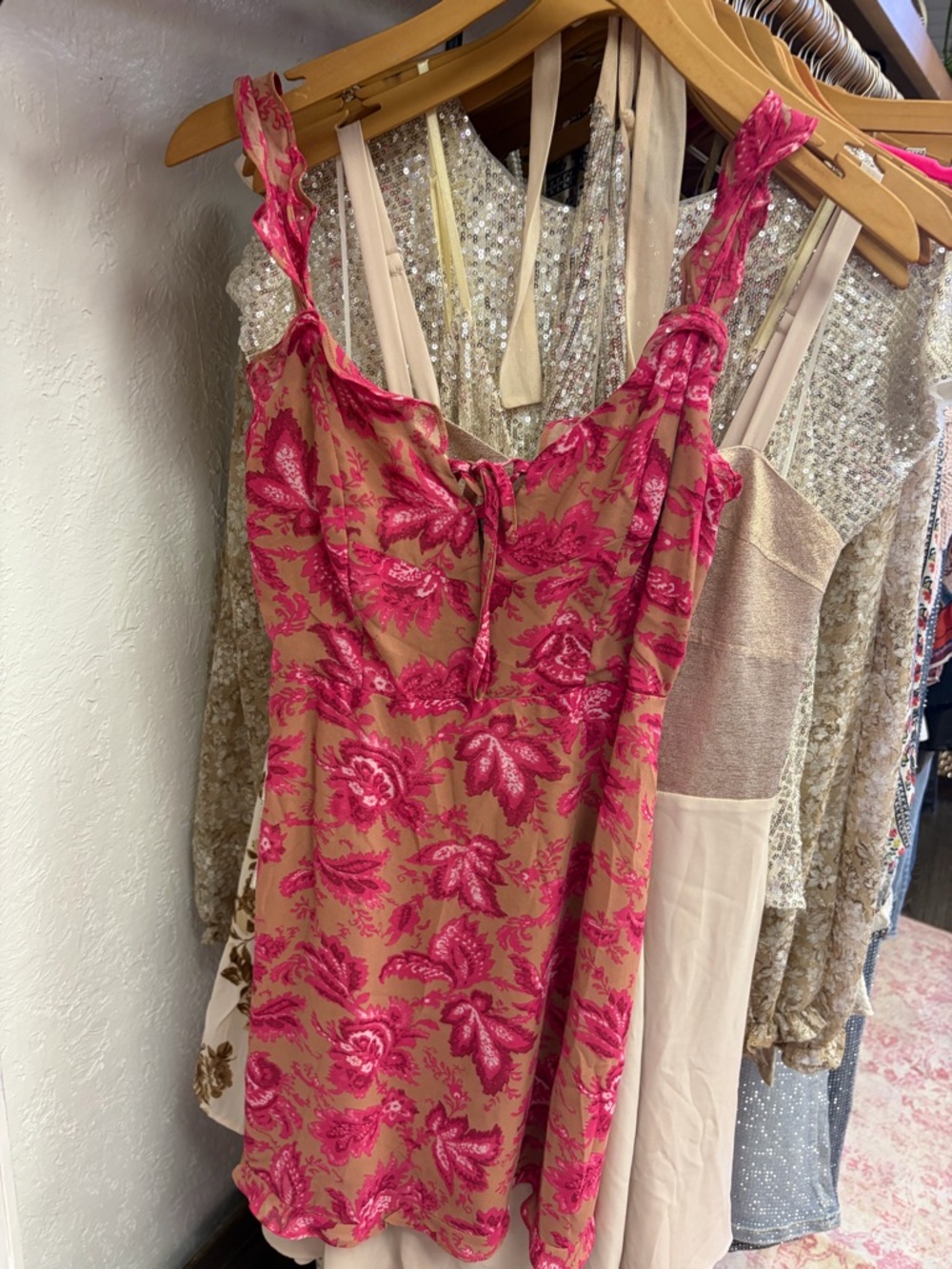 White Fox Boutique Pink Floral on Tan Slip Dress